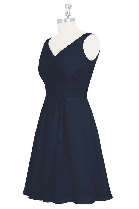 Dark Navy A-line V Neckline Chiffon Knee Length Bridesmaid Dress
