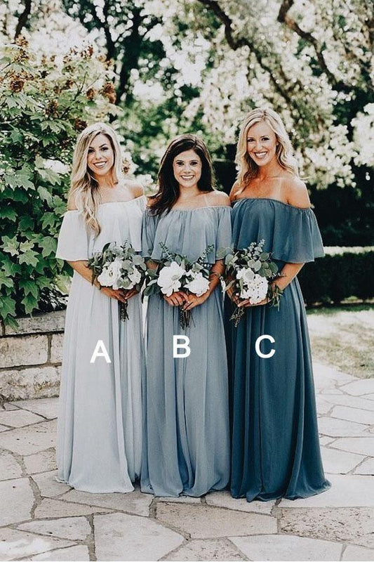 Long Chiffon Off The Shoulder Slate Gray Bridesmaid Dresses BD077