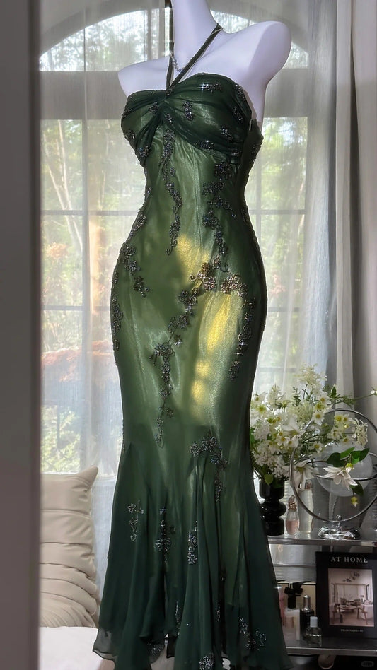 Luxury Dark Green Mermaid Bead Embroidered Chiffon Long Prom Dress Evening Dress