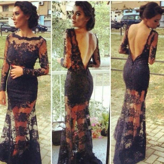 Mermaid Lace Long Sleeves Open Back Prom Dresses Evening Gowns PG331