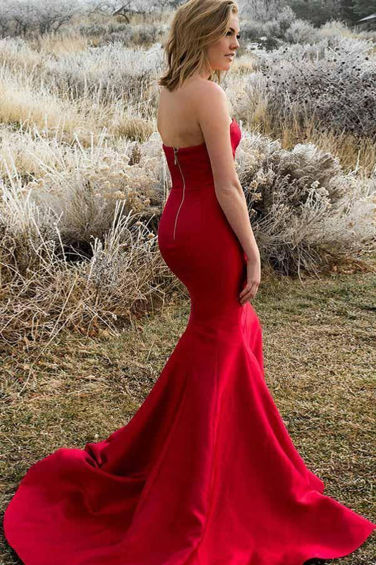Mermaid Strapless Satin Sleeveless Split Pleats Red Prom Dress PG951