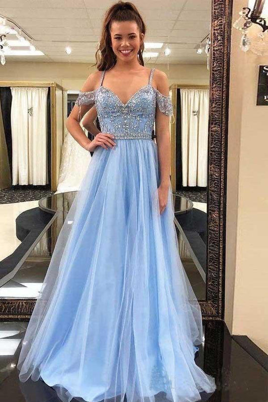 Off Shoulder Sky Blue Beaded Tulle Prom Dress Long Formal Dress PG963