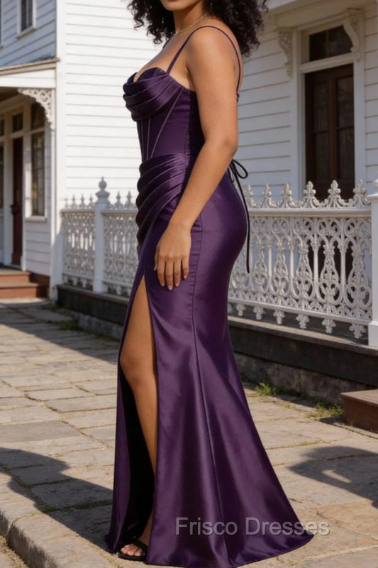 Satin Spaghetti Straps Purple Prom Dress with Corset
