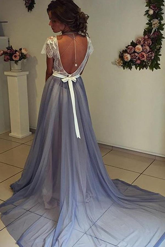 Scoop Neckline Cap Sleeves Chiffon Prom Dress with Lace Backless PG351