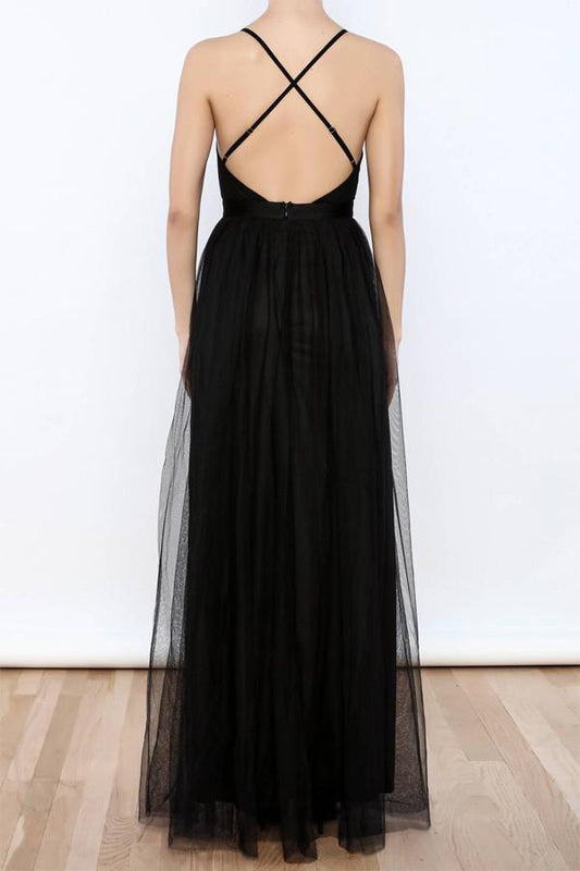 Sexy V Neck Side Slit Tulle Evening Gowns Black Prom Dress PG367