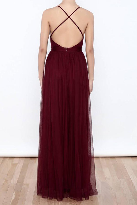 Sexy Deep V Neck High Slit Burgundy Prom Dress Evening Dress PG373