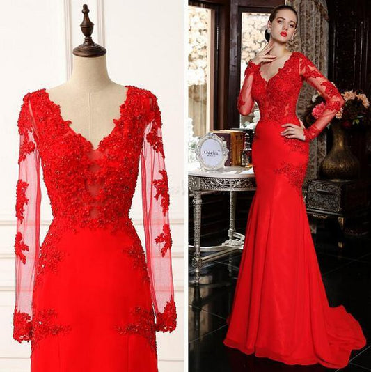 Sexy Mermaid Long Sleeves Red Prom Dress With Lace Appliques PG333