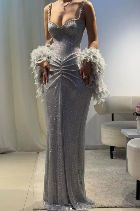 Sexy Mermaid Straps Silver Sequin Long Prom Dresses Party Dress 20Th Birthday Outfits Graduation Dresses