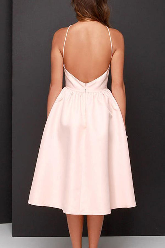 Simple A-line Pink Backless Tea Length Homecoming Dresses Party Dress PD365