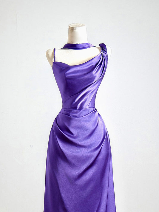Simple One Shoulder Satin Sweep Train Purple Prom Dress