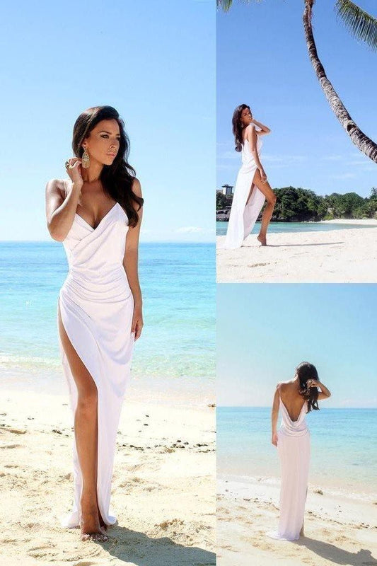 Simple Sexy Beach Side Slit Spaghetti Straps Wedding Dress WD506