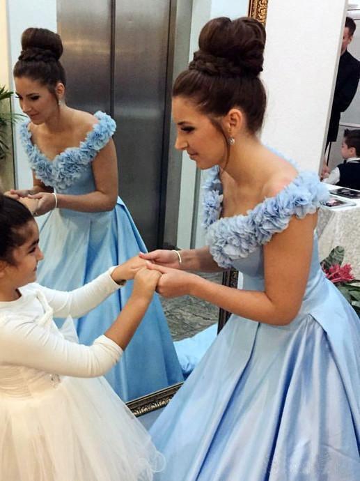 Sky Blue Off The Shoulder Prom Dress Floral Long Formal Dress PG991