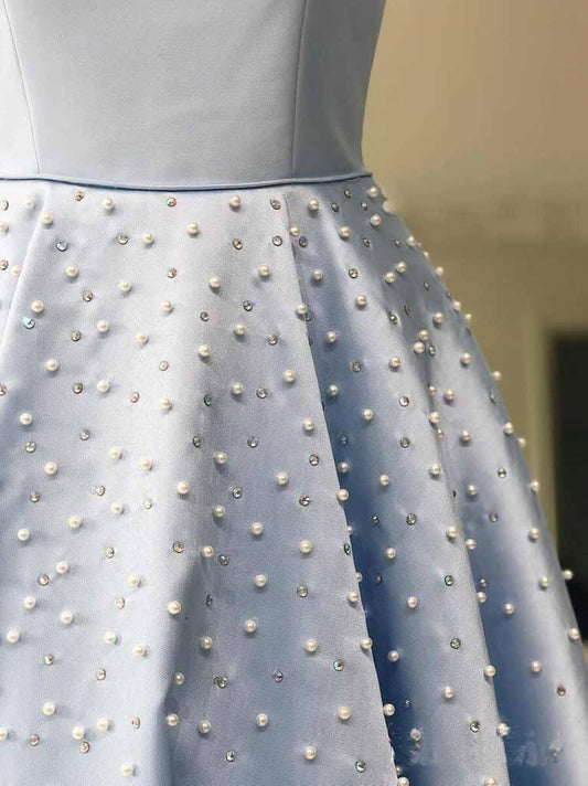 Sky Blue Simple Satin Pearl Long Prom Dress with Pocket PG975