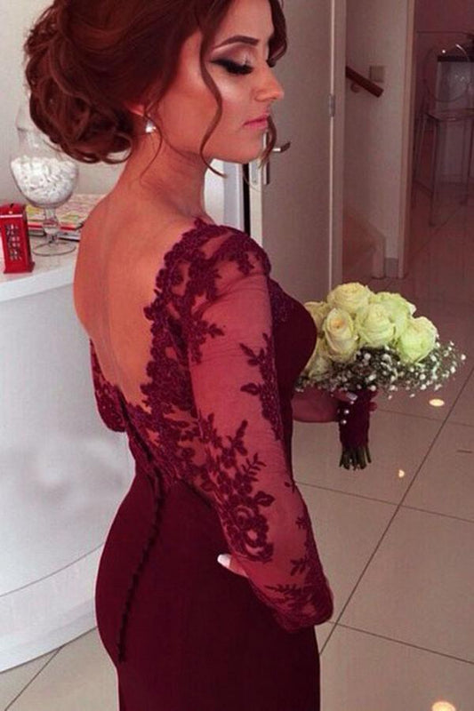Sweetheart Long Sleeve Burgundy Prom Dress With Lace Appliques PG310