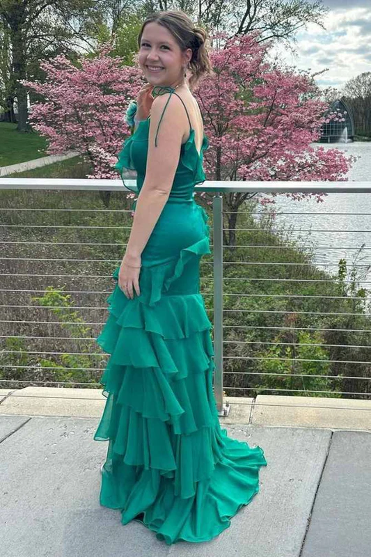 Green V-Neck Ruffled Long Prom Dress Mermaid Formal Gala Dresses