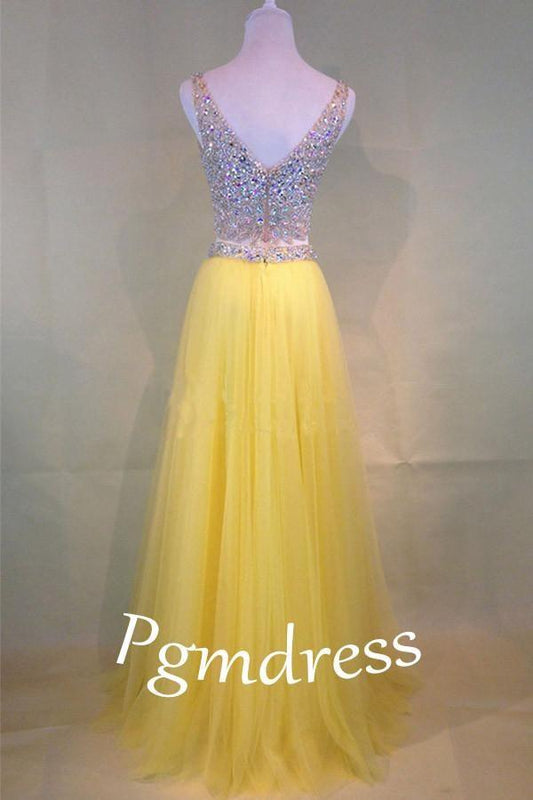 Two-Piece Beaded Sleeveless V-Neck Tulle Yellow Prom Dress PG380