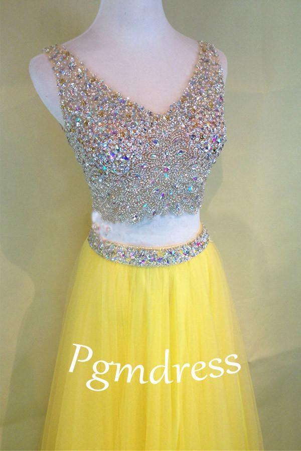 Two-Piece Beaded Sleeveless V-Neck Tulle Yellow Prom Dress PG380