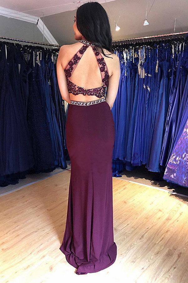 Two Piece Grape Mermaid Open Back Prom Dress Evening Dress PG978