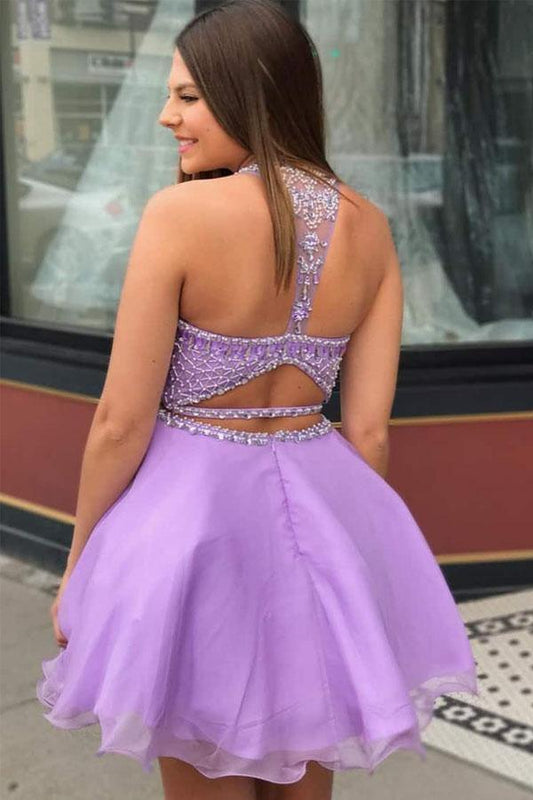 Two Piece High Neck Beading Lilac Chiffon Homecoming Dress PD335