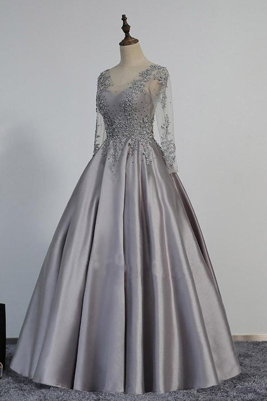 Vintage V-Neck Long Sleeves Appliques Silver Prom Dress PG364