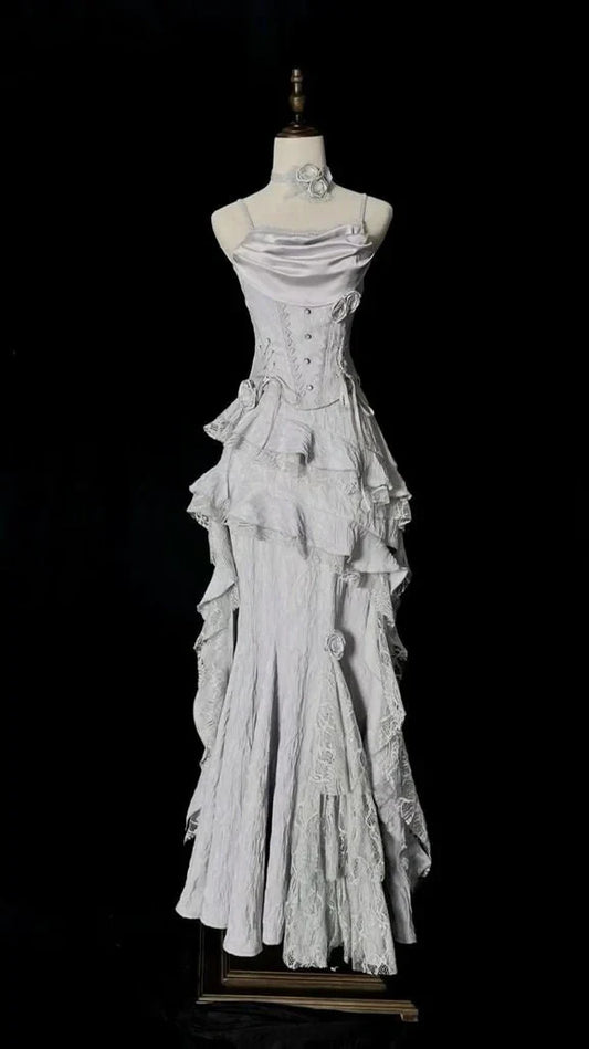 Silver Grey Retro Fashion Elegant Long/Short Lace Homecoming Dress Prom Dress Evening Gown,AST2286