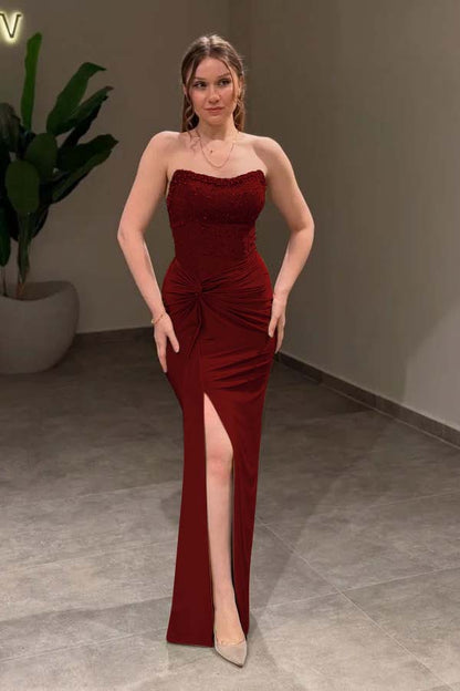 Charming Green Strapless Split Mermaid Prom Dress Pleated with Beading - liymcdress