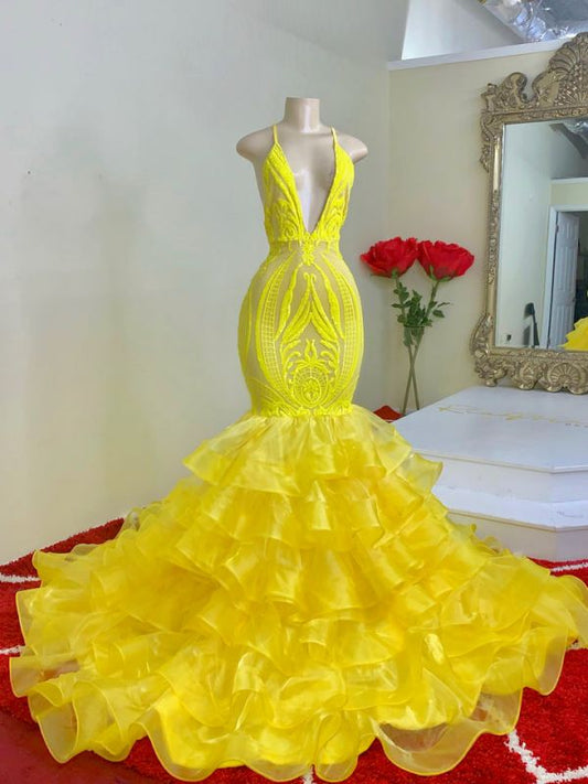 Yellow Spaghetti-Straps V Neck Mermaid Prom Dress with Ruffles - liymcdress