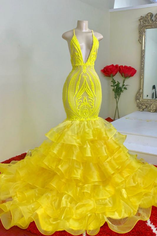 Yellow Spaghetti-Straps V Neck Mermaid Prom Dress with Ruffles - liymcdress