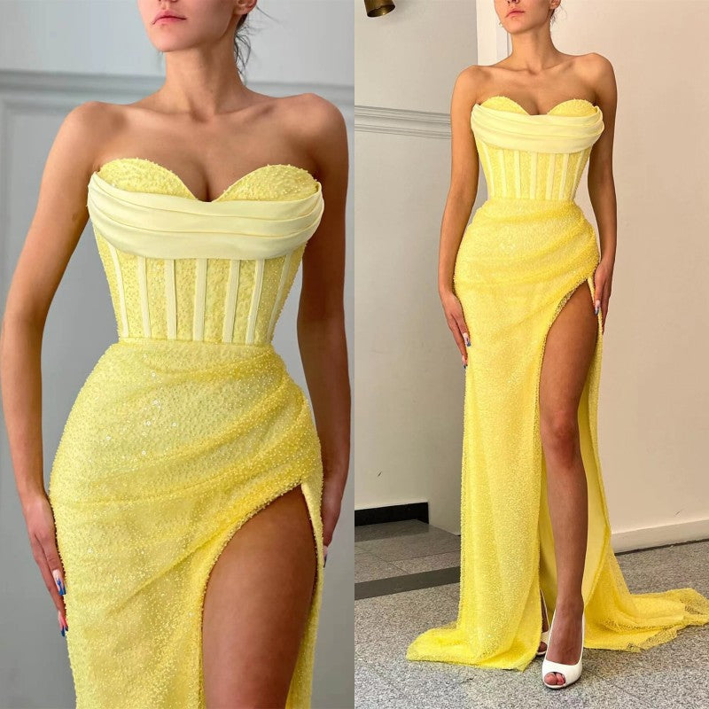 Charming Yellow Strapless Sweetheart Prom Dress Pleated with Split