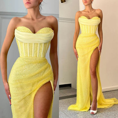 Charming Yellow Strapless Sweetheart Prom Dress Pleated with Split