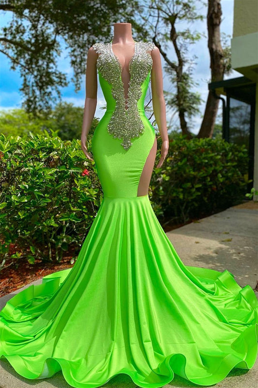 Green Asymmetric Sleeveless Prom Dress Mermaid Backless with Rhinestone