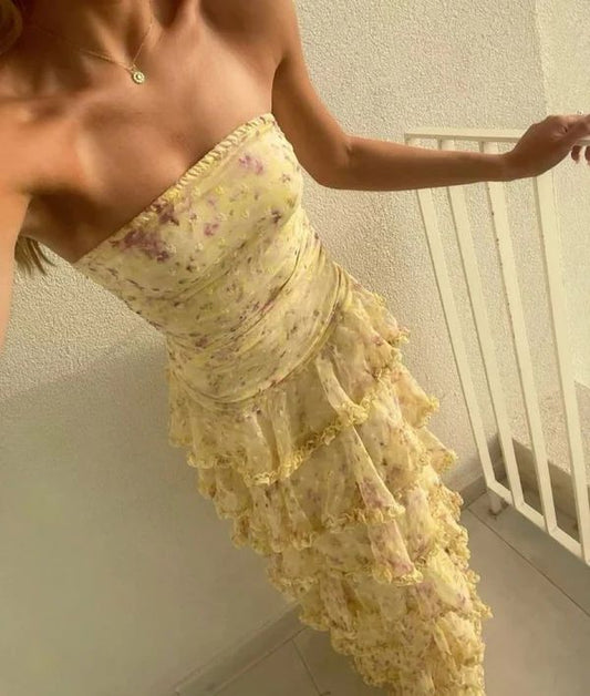 Modest Sheath Strapless Yellow Chiffon Floral Long Prom Dresses Party Dress 22Th Birthday Outfits Graduation Dress,AST2274