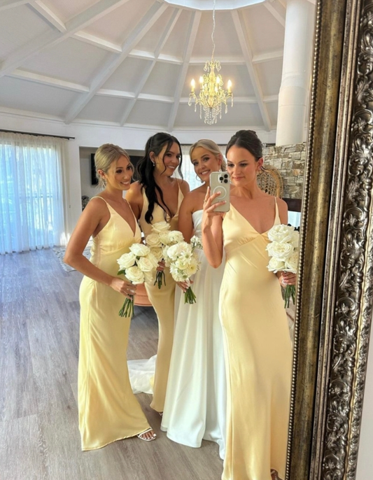 Simple Sheath Spaghetti Strap Light Yellow Satin Long Bridesmaid Dress Evening Dress SH3202