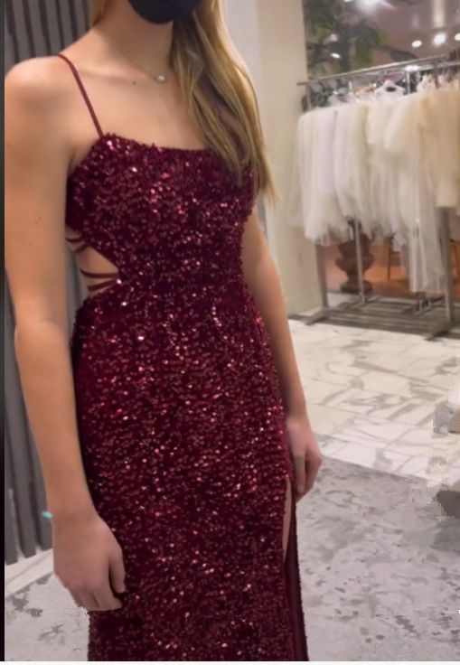 Sexy Sequin Prom Dresses Mermaid Burgundy Gala Dress Long