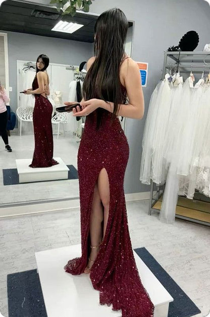 Sexy Sequin Prom Dresses Mermaid Burgundy Gala Dress Long