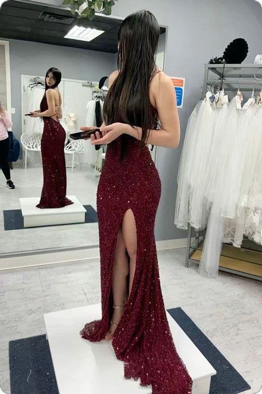 Sexy Sequin Prom Dresses Mermaid Burgundy Gala Dress Long
