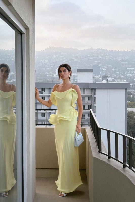 Yellow Spaghetti Strap Ruffles Prom Dress Mermaid  with Pleated - liymcdress