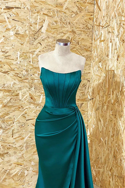 Elegant Dark Green Strapless Boat Neck Mermaid Prom Dress with Pleated