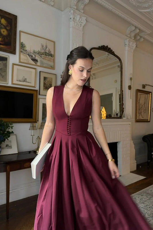 Elegant Berry Purple V Neck Sleeveless A Line Prom Dress - liymcdress