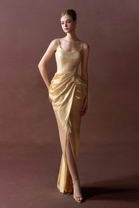 Glamorous Gold Spaghetti Strap Square Prom Dress Pleated with Split - liymcdress