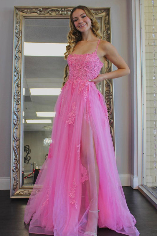 Pink Lace Long Prom Dresses,A-Line Backless Formal Evening Dress