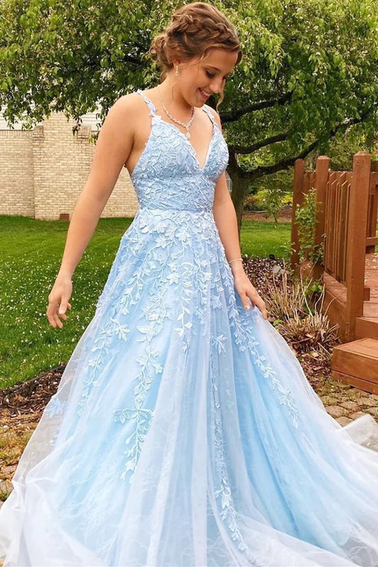 Light Blue Applique Tulle Prom Dress