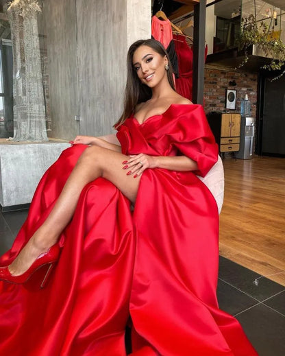A-Line Satin Red Prom Dresses, Long Evening Party Gown
