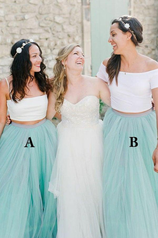 Two Piece Spaghetti Straps Sweep Train Mint Tulle Bridesmaid Dress BD082