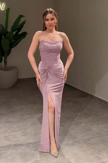 Charming Green Strapless Split Mermaid Prom Dress Pleated with Beading - liymcdress