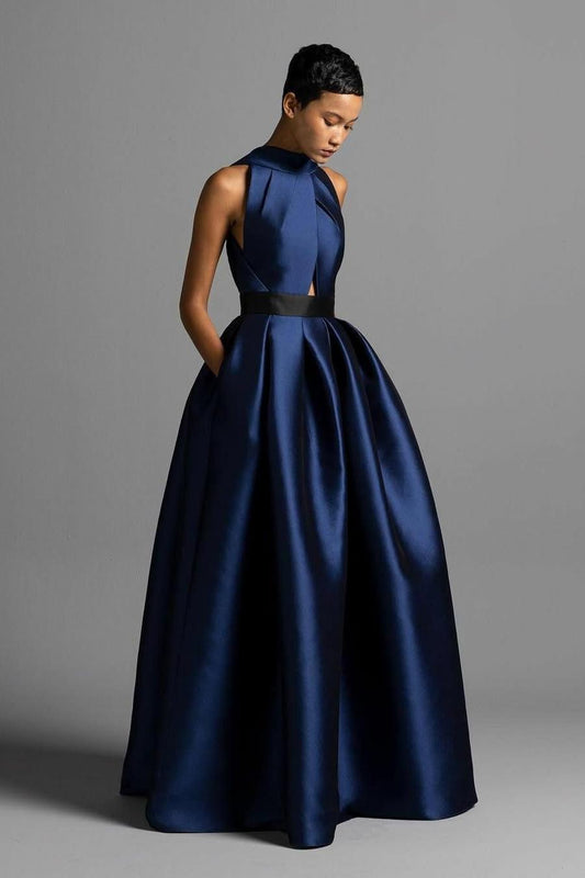 Exquisite Royal Blue Satin Halter Strapless Sleeveless A Line Prom Dress with Pleated | Liymcdress