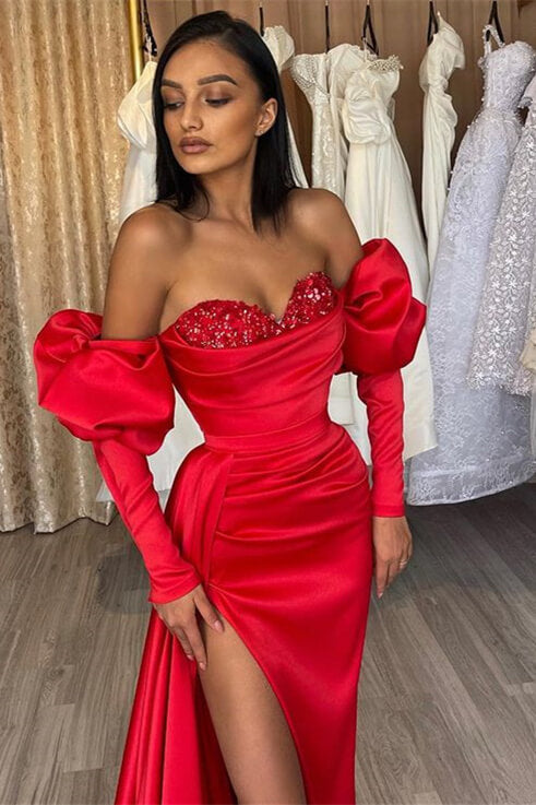 Charming Red Mermaid Off The Shoulder Slit Prom Dress With Sweetheart Long Sleeves | Liymcdress