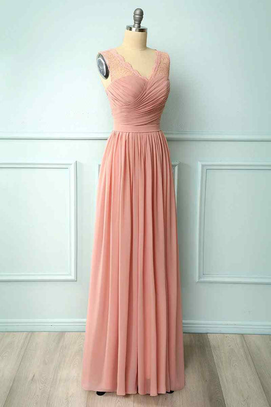 Dusty Pink A-line Illusion Lace Neck Pleated Chiffon Long Bridesmaid Dress
