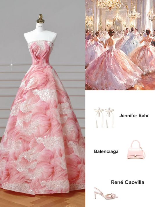 Dream Pink Strapless Satin Print Sequins Prom Dress,Princess Birthday Ball Gown Y8604