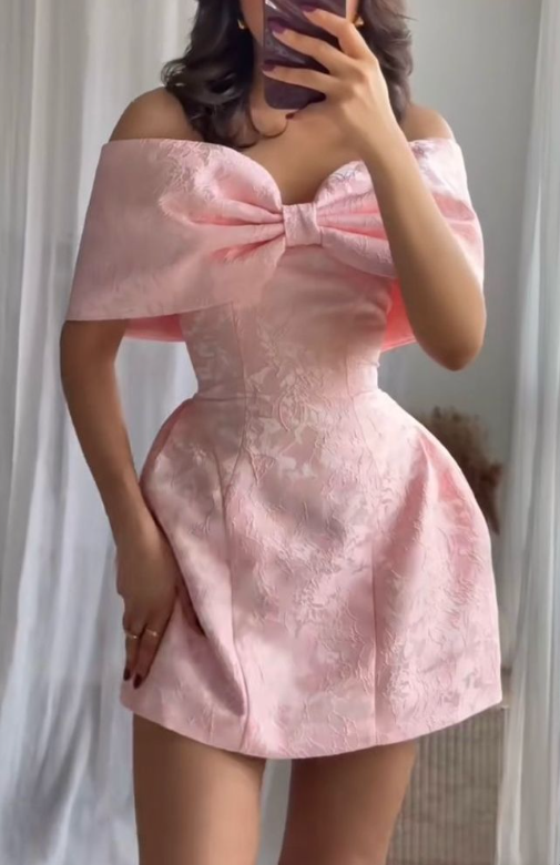Cute Off The Shoulder Bow Satin Pink Graduation Homecoming Dress 18th Birthday Dress Y9862
